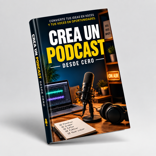 Mockup 3D de una guía para crear un podcast, con fondo gris claro, sombra suave y lateral izquierdo visible