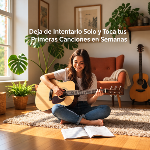Mujer aprendiendo a tocar guitarra acústica en casa