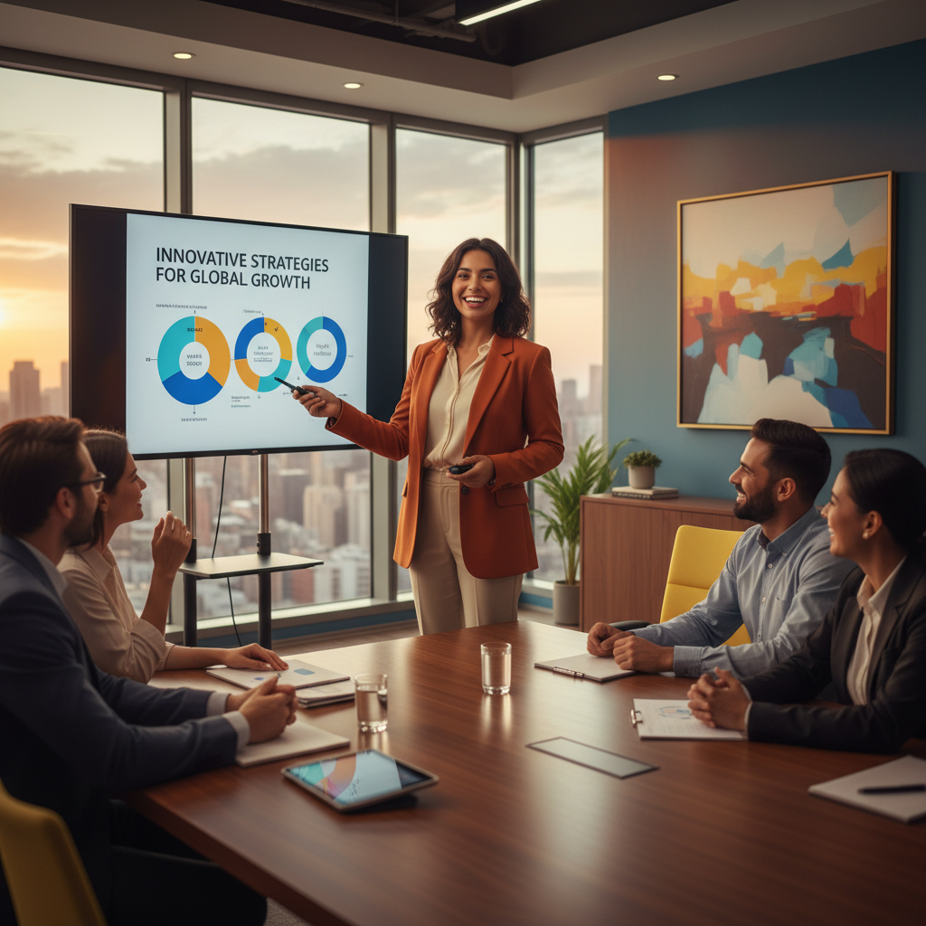 Mujer presentando en inglés con confianza en el trabajo