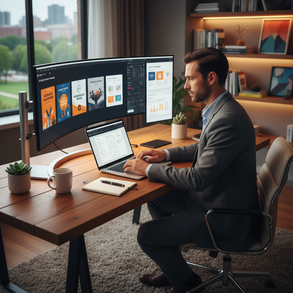 Emprendedor creando productos digitales en su oficina