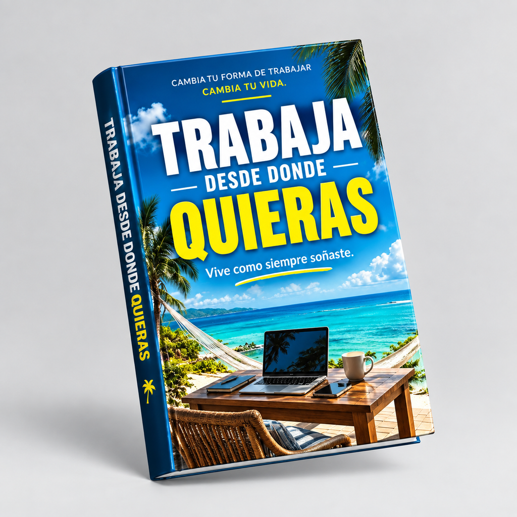 Mockup 3D de Trabaja desde donde quieras, con fondo gris claro y sombra suave