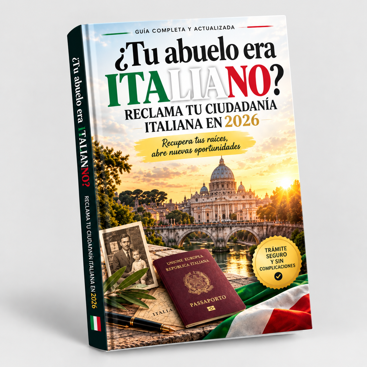 Mockup 3D de la guía para reclamar la ciudadanía italiana, con fondo gris claro y texto limpio