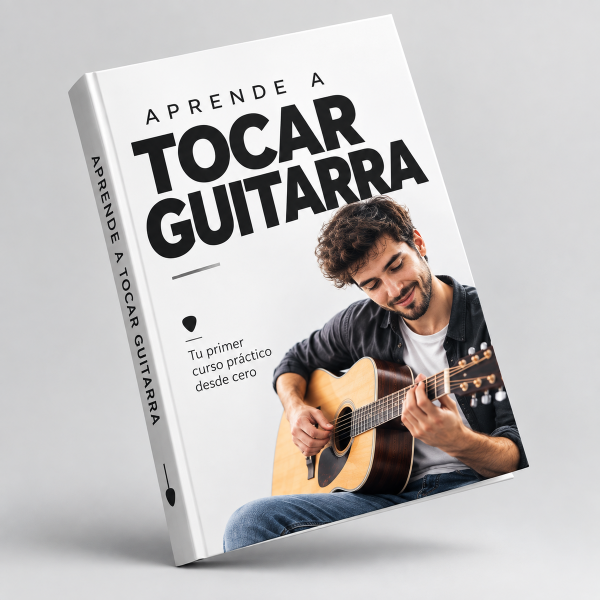 Libro 3D del curso de guitarra Aprende a Tocar Guitarra, con fondo gris claro y apoyo en la parte inferior izquierda