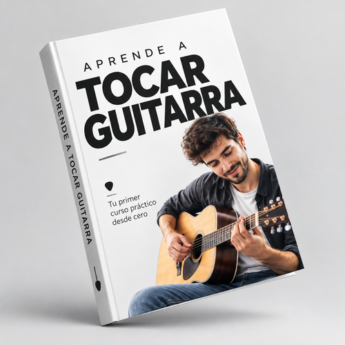 Libro 3D del curso de guitarra Aprende a Tocar Guitarra, con fondo gris claro y apoyo en la parte inferior izquierda
