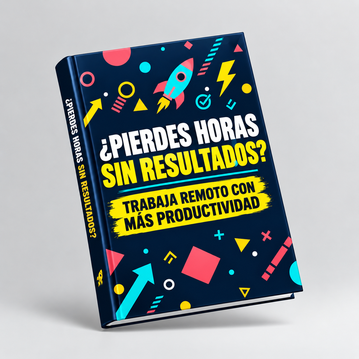 Mockup 3D de una guía para trabajar en remoto con eficiencia, con fondo gris claro y sombra suave