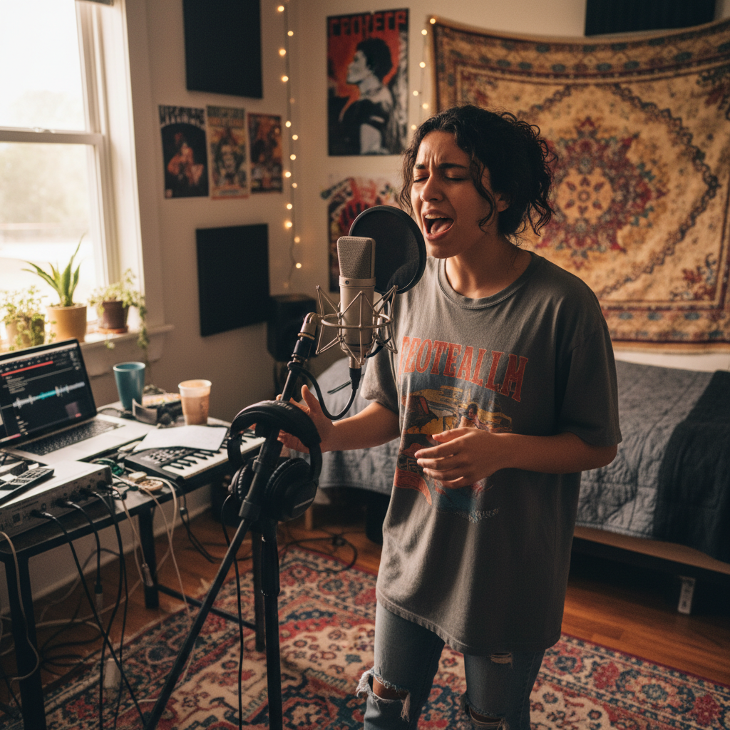 Chica cantando en casa de forma natural con micrófono