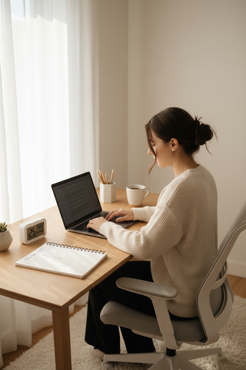 Mujer trabajando productivamente desde casa