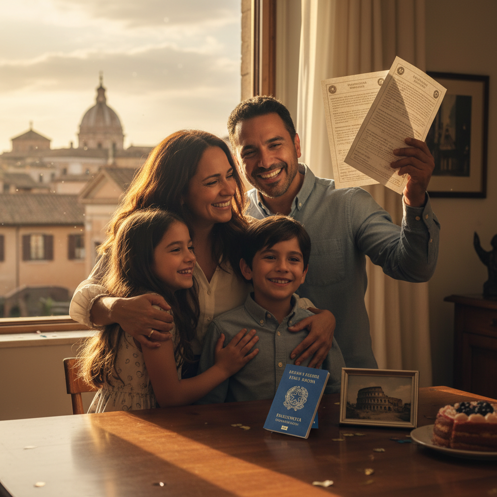 Familia hispana celebrando la ciudadanía italiana