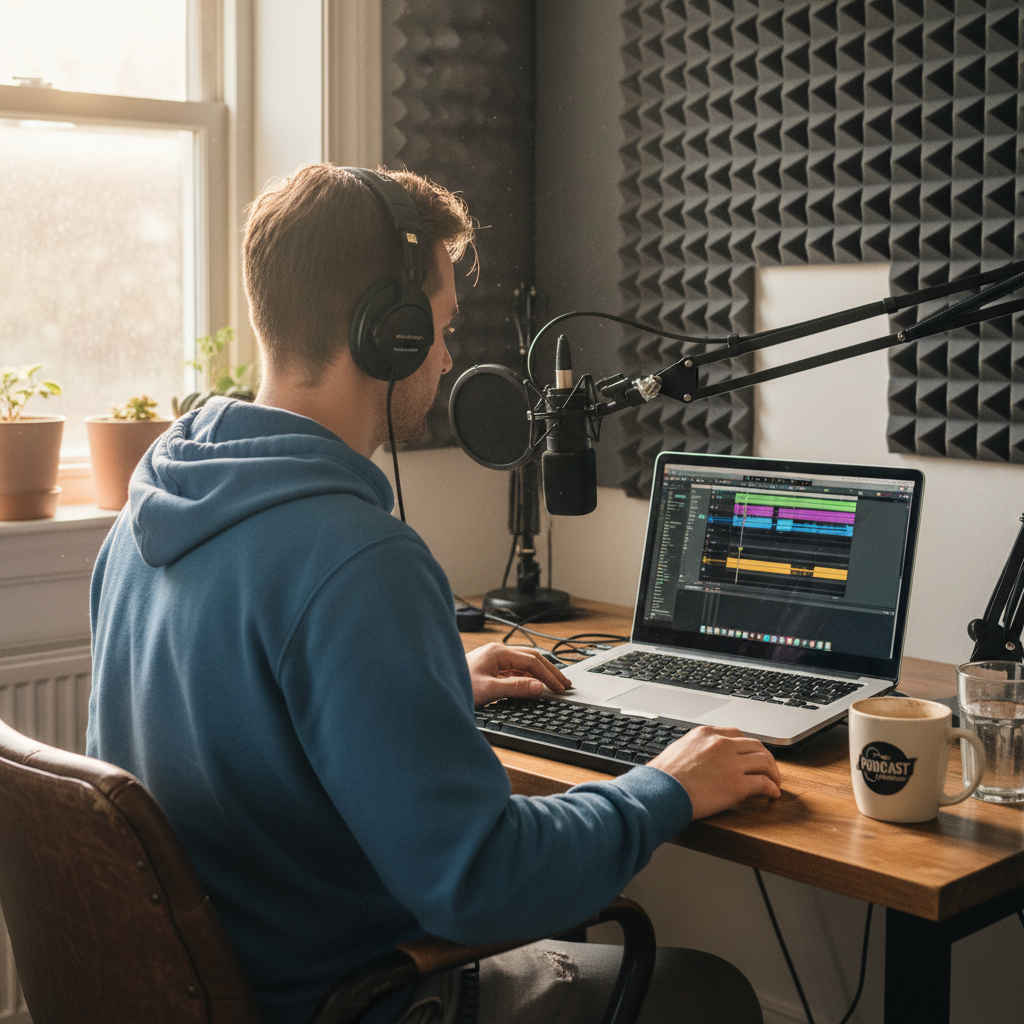 Hombre editando podcast en laptop