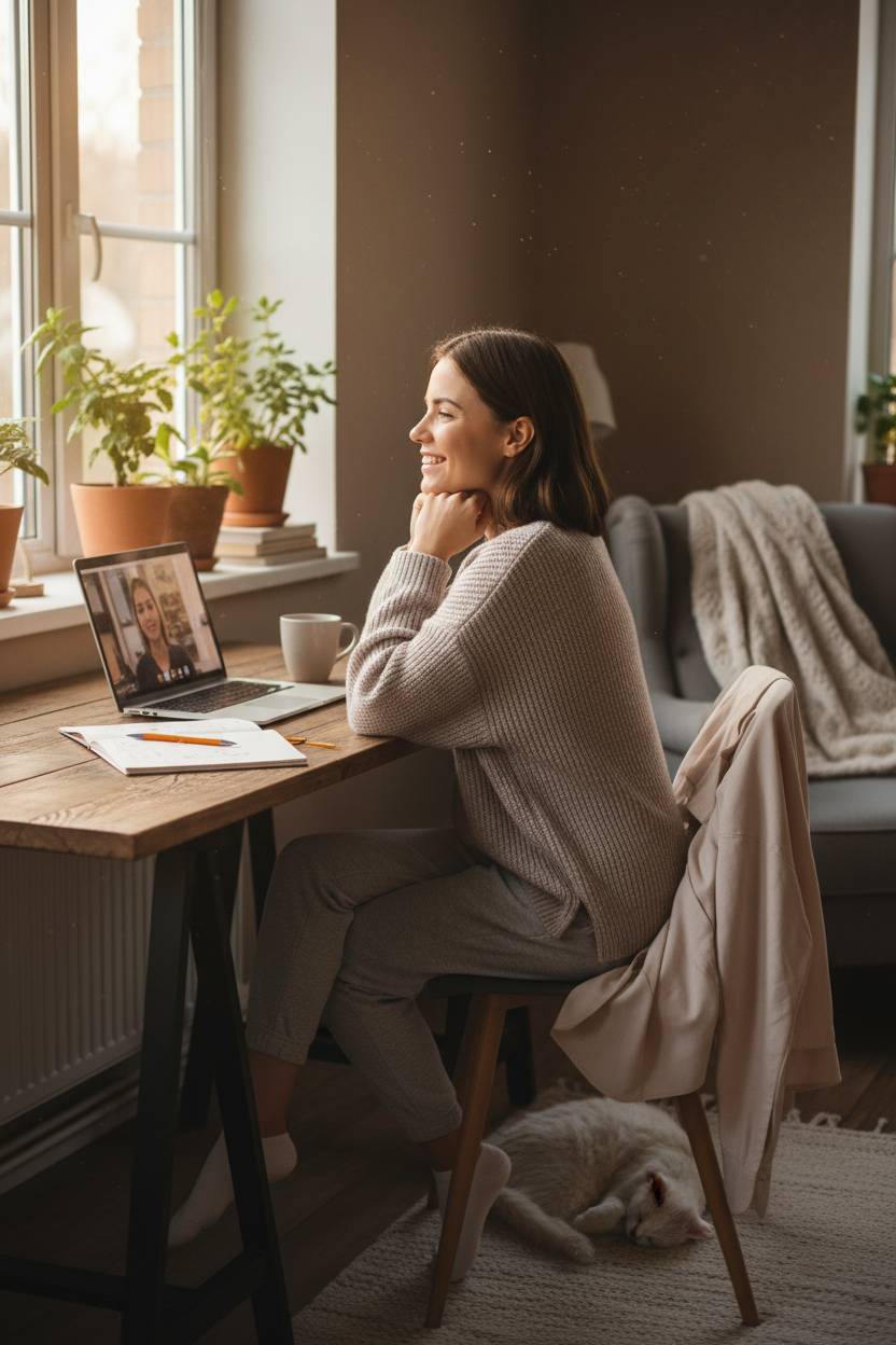 Mujer feliz trabajando desde casa por primera vez