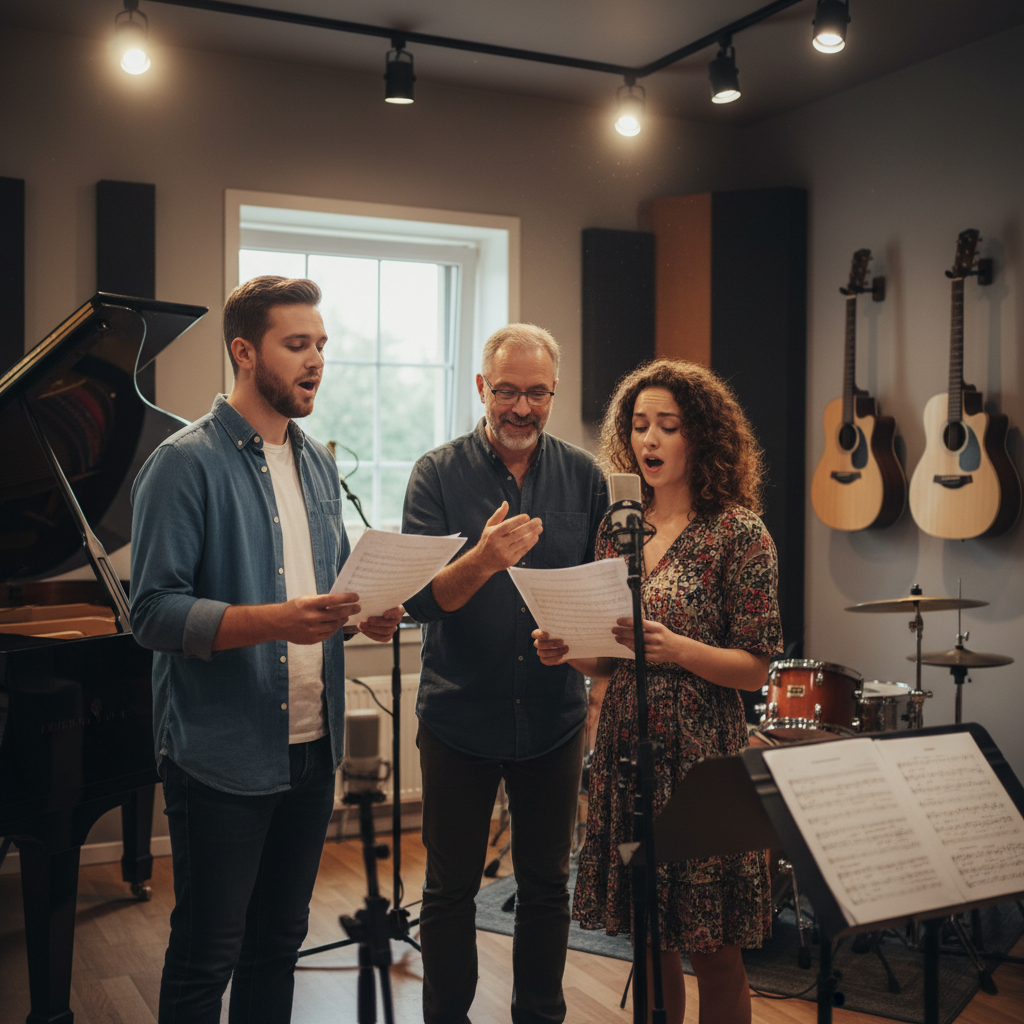 Clase de canto en estudio con profesor