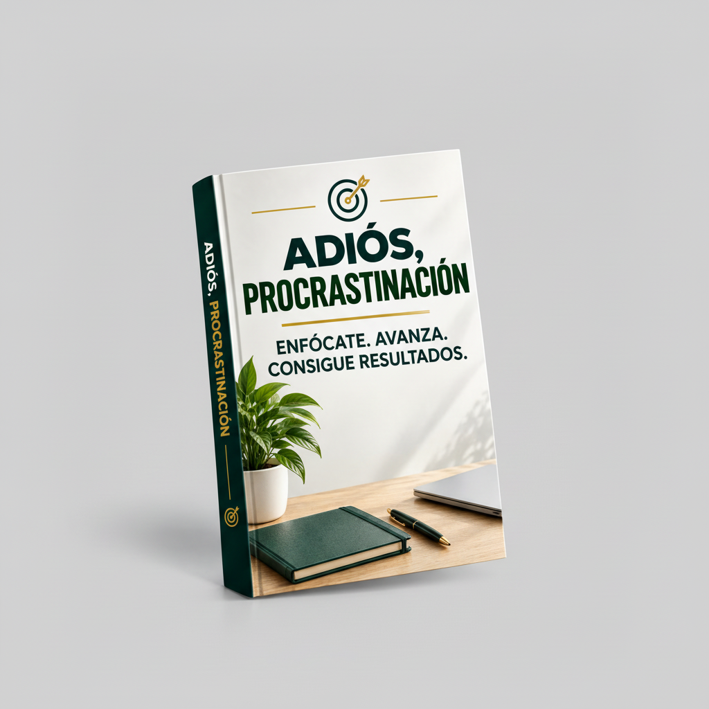 Portada de Adiós Procrastinación sobre el mismo fondo gris claro completo