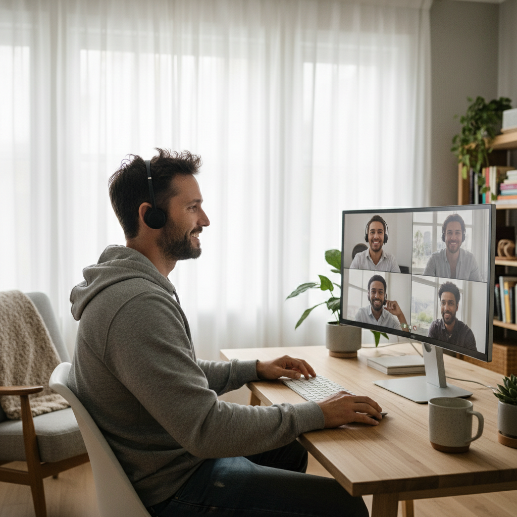 Hombre trabajando en remoto con auriculares