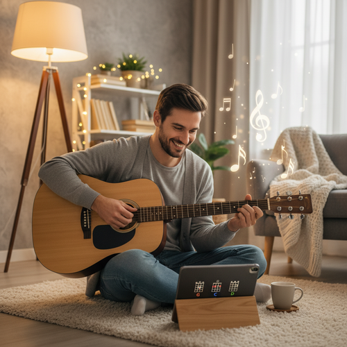 Joven aprendiendo guitarra acústica con tablet y acordes
