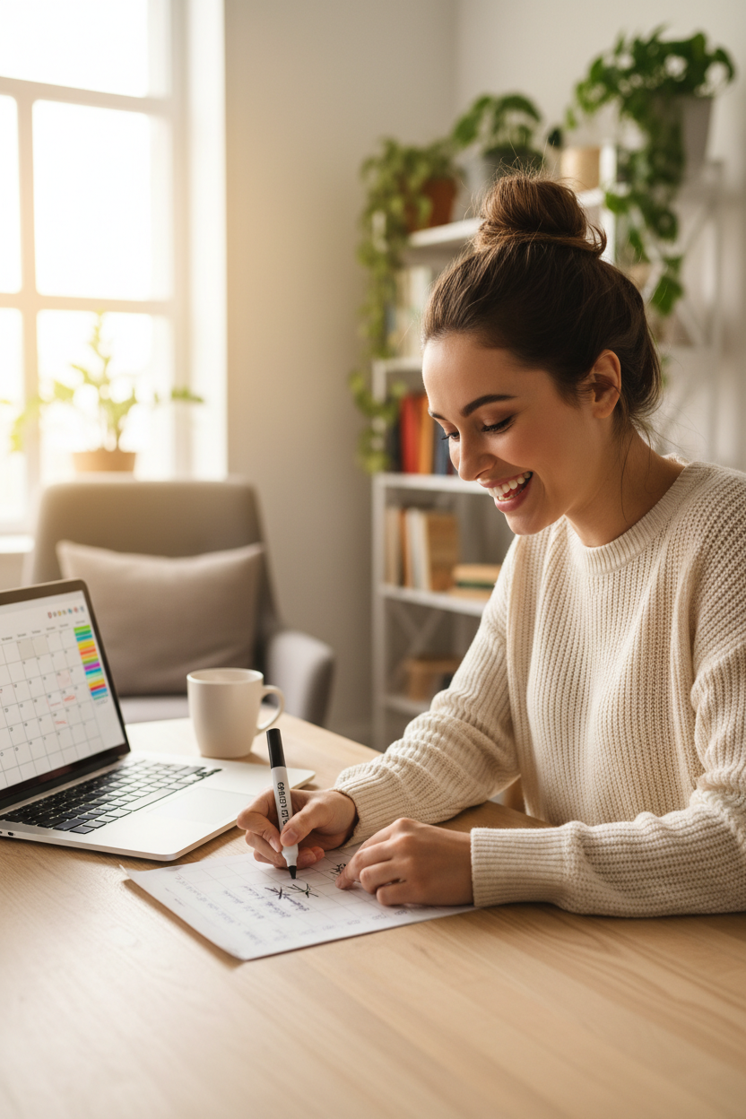 Mujer motivada tachando tareas