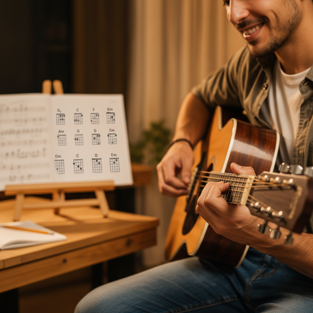 Manos tocando guitarra acústica con diagrama de acordes