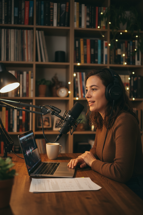 Mujer grabando podcast en estudio casero