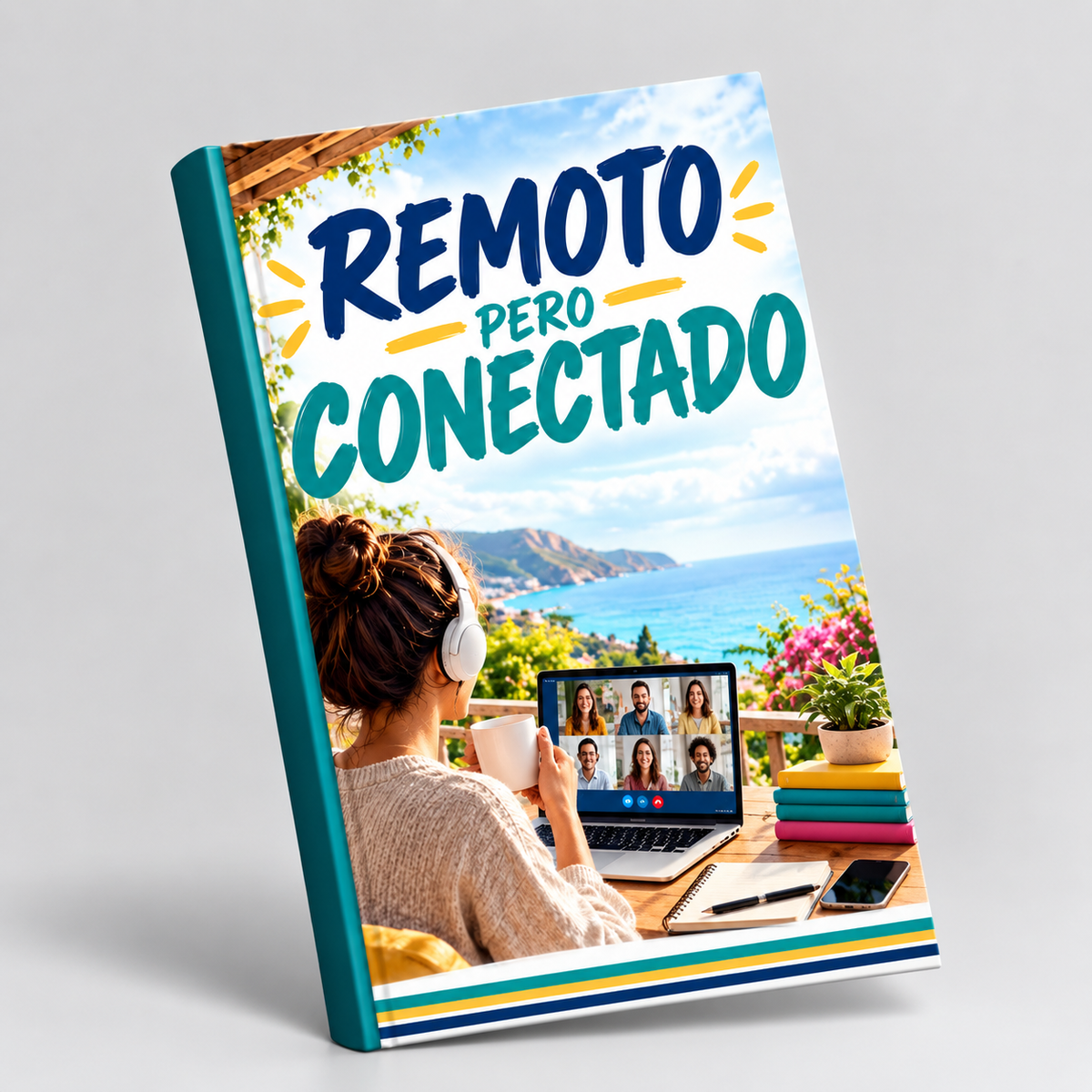 Mockup 3D inclinado de Remoto pero Conectado, con fondo gris claro y franja inferior limpia