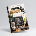 Mockup 3D inclinado de la guía Domina el mundo 3D, con fondo gris claro y sombra suave