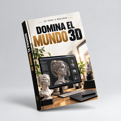 Mockup 3D inclinado de la guía Domina el mundo 3D, con fondo gris claro y sombra suave